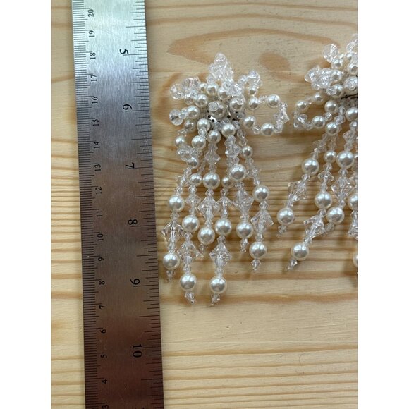 Vintage Faux Pearl & Crystal Clip-On Earrings With Dangling Beads - Picture 2 of 4